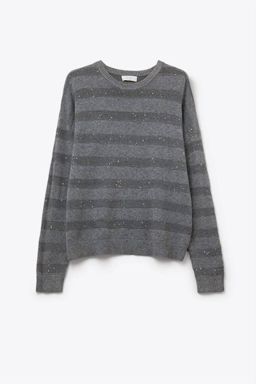 NEW Q2 women's striped knit sweater with sequin in grey